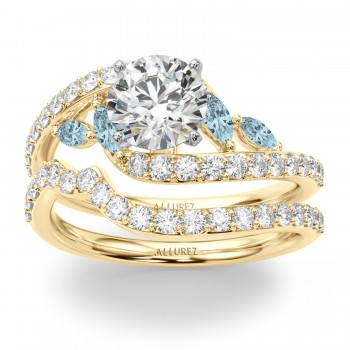 Swirl Design Diamond & Marquise Aquamarine Bridal Ring Set 18K Yellow Gold (0.96ct)